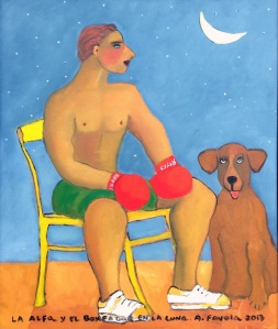 La Alfa y el boxeador en la Luna, pintura de Abelardo Favela